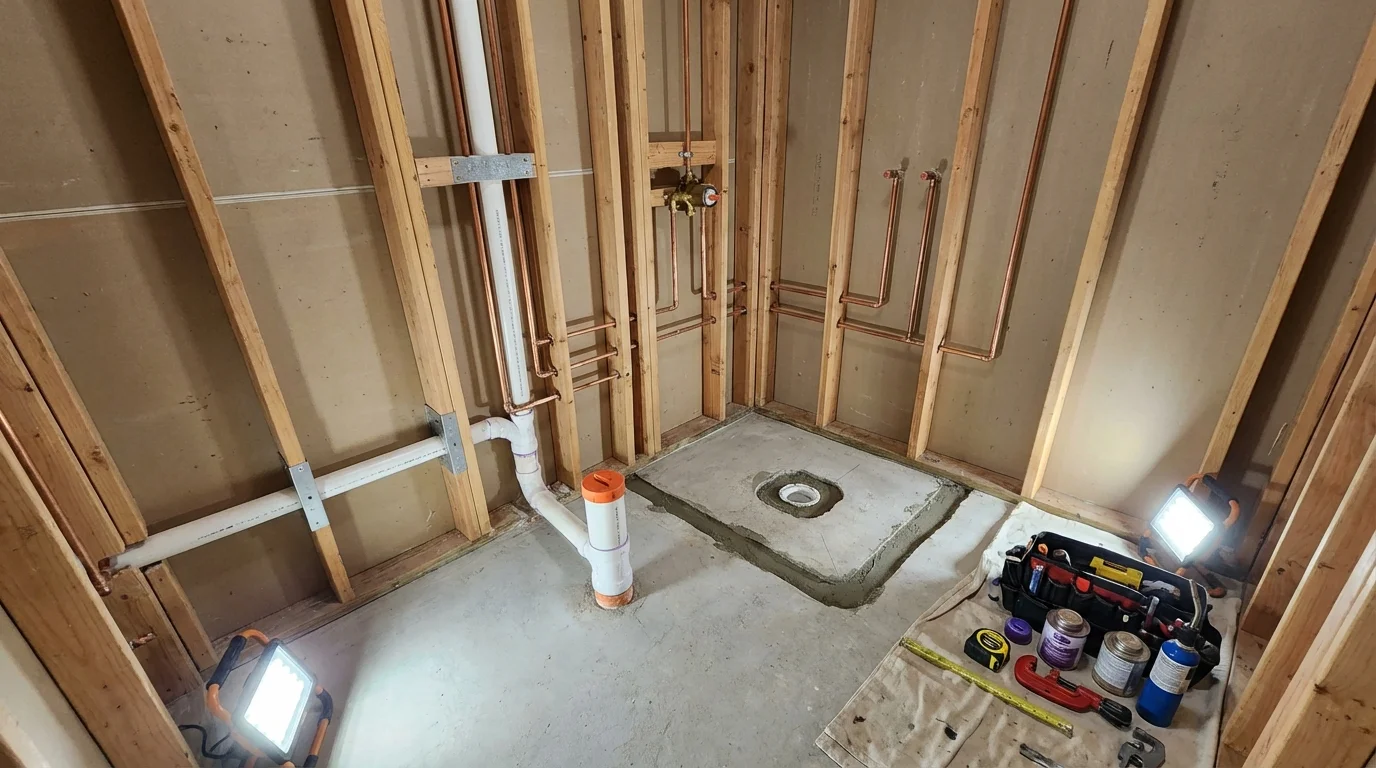 Bathroom rough-in plumbing during remodel by Johns Plumbing LLC in Crittenden