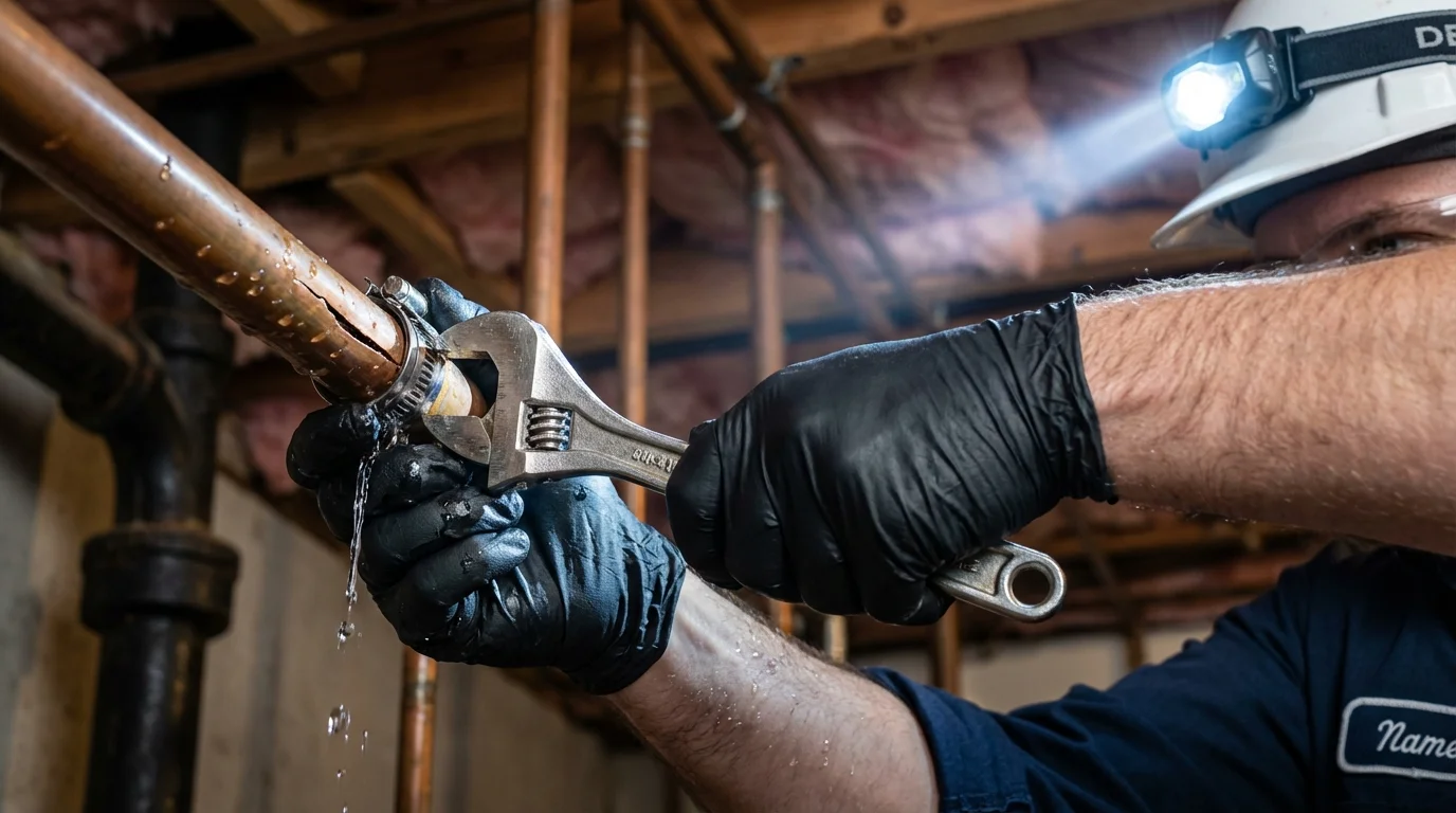 Emergency pipe clamp repair being performed by a Johns Plumbing LLC plumber in Crittenden
